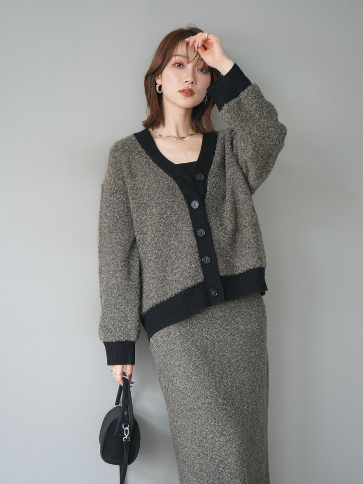[SET]ブークレバイカラーニットカーディガン+ブークレバイカラータイトニットスカート(2set)