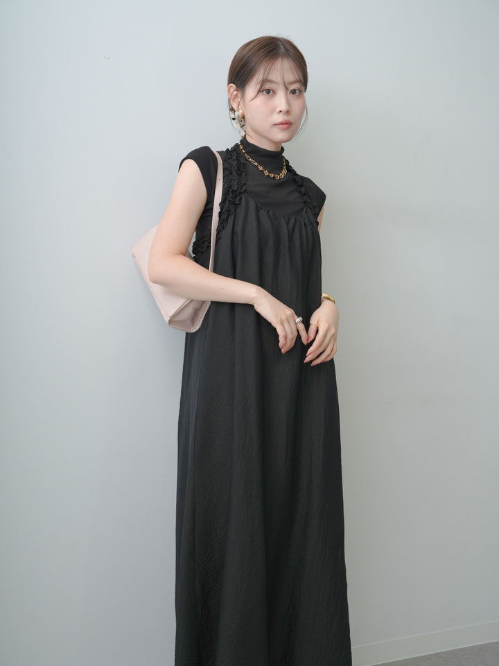 [SET]フリルホルターネックシャイニーワンピース+シアー切替ストレッチトップス(2set)