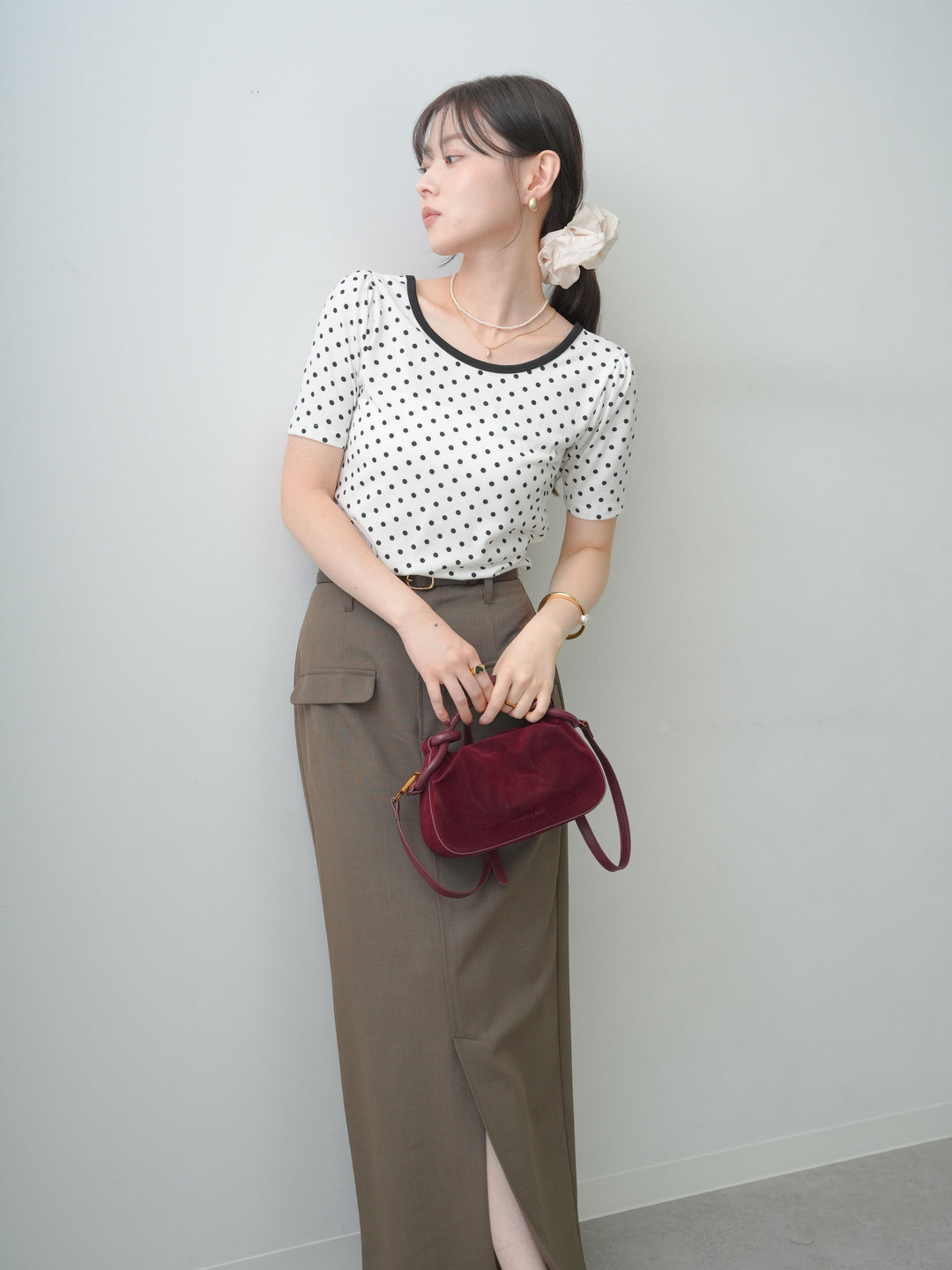 [SET]前後2wayドットバイカラーパイピングTEE+クレープデシンフラップ付きストレートスカート(2set)