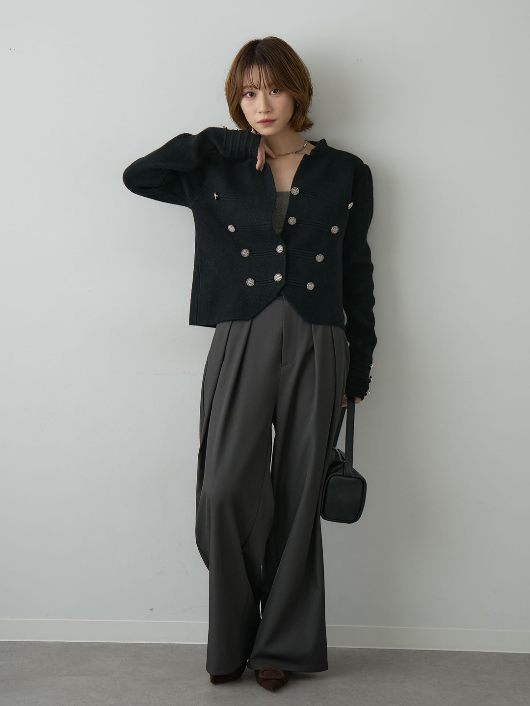 [SET]ナポレオンニットジャケット+ツイルタックワイドパンツ(2set)