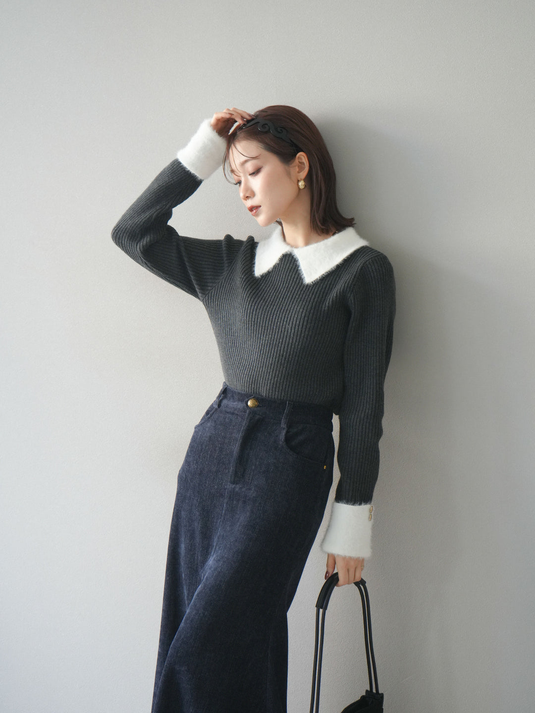 [SET]シャギー襟リブニットトップス+ベルベットマーメイドスカート(2set)