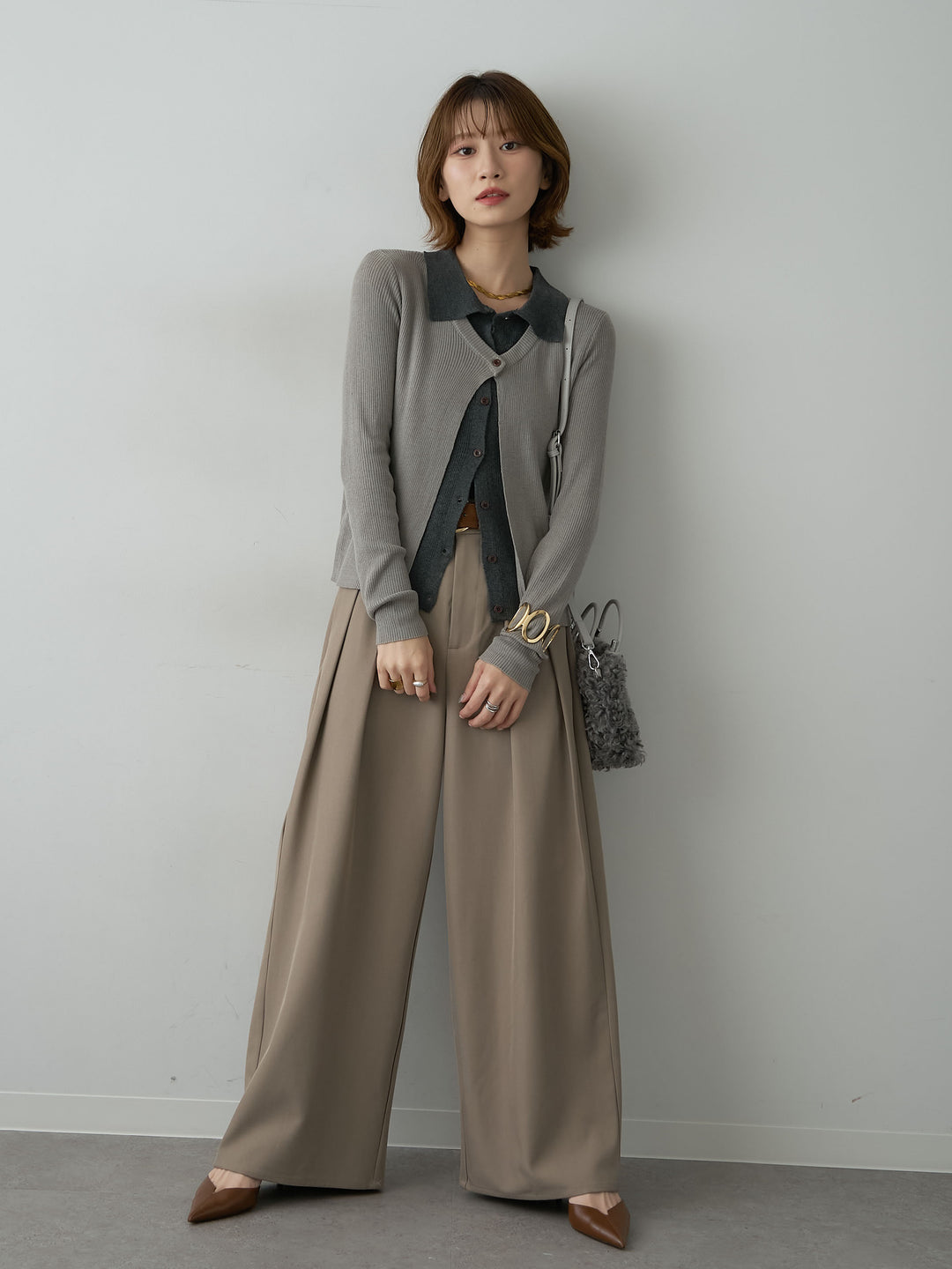 [SET]フロントレイヤードデザインリブニットシャツ+ツイルタックワイドパンツ(2set)