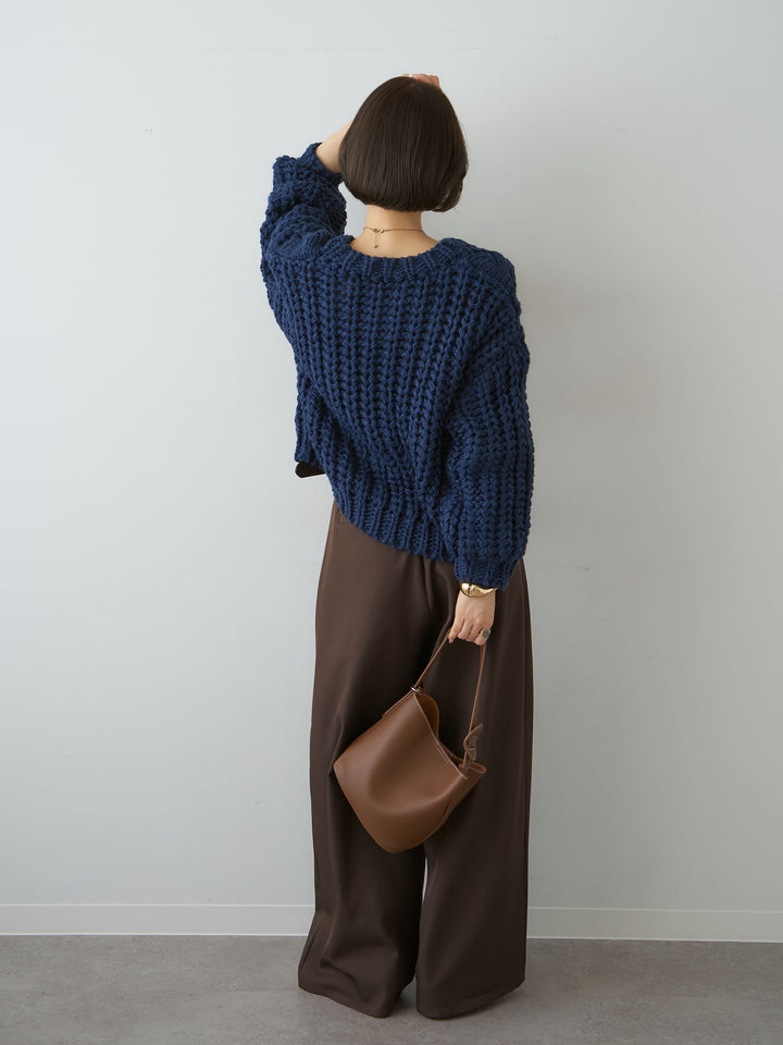 [SET]ボリュームケーブルニットプルオーバー+ツイルタックワイドパンツ(2set)