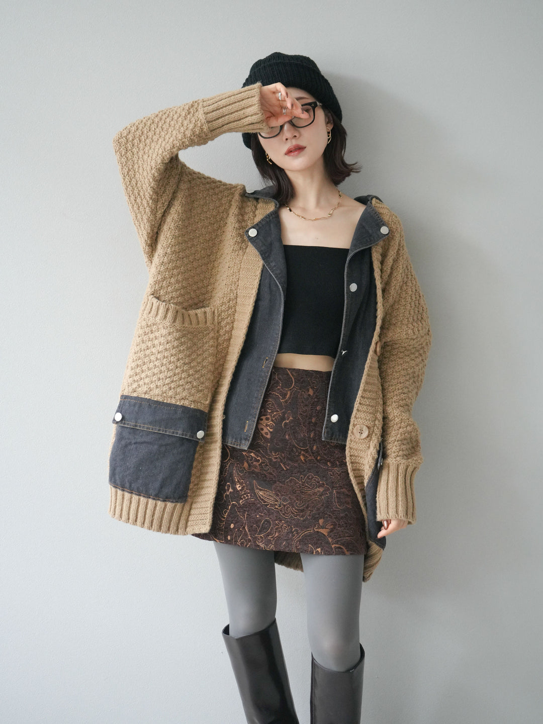 [SET]デニム襟レイヤードニットジャケット+デニム襟レイヤードニットジャケット(2set)