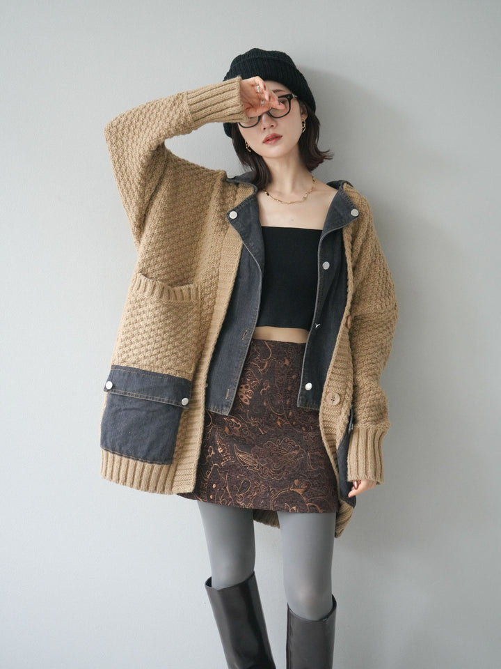 [SET]デニム襟レイヤードニットジャケット+デニム襟レイヤードニットジャケット(2set)