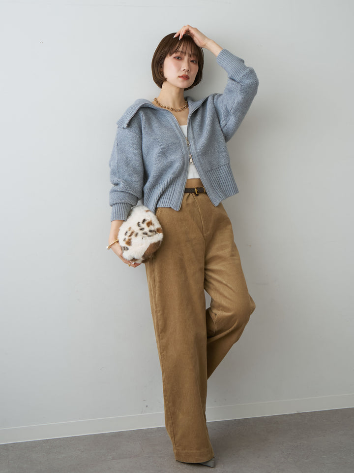 [SET]リブカラー圧縮ブークレニットブルゾン+ベルト付コーディロイワイドストレートパンツ(2set)