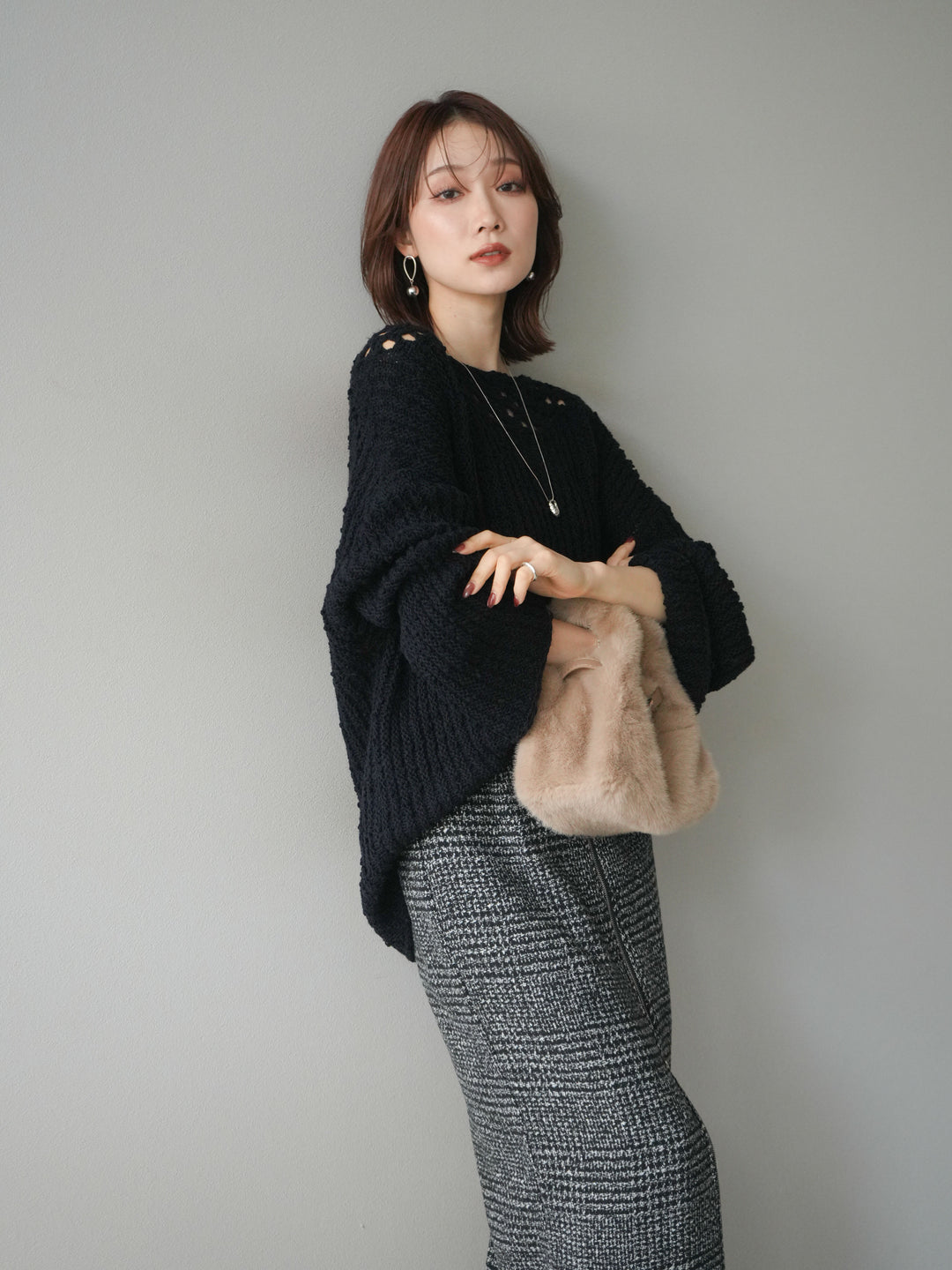 [予約]ボートネック透かし編みニットプルオーバー/navy