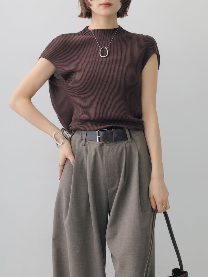 [予約]ボトルネックフロントリブニットトップス/brown