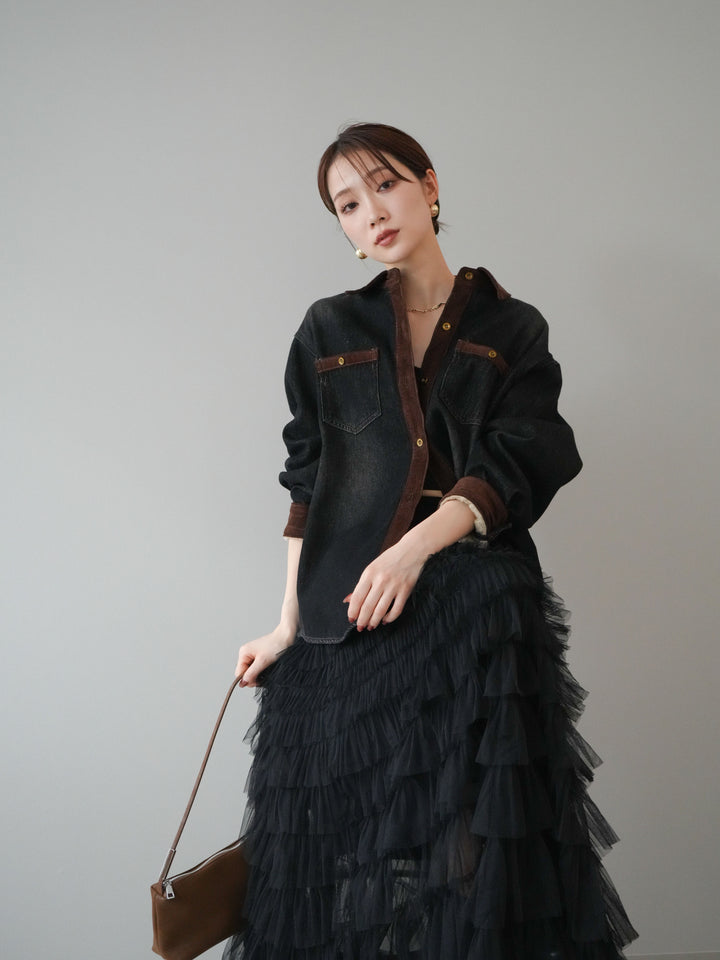 [予約]裏起毛コーデュロイ襟デニムシャツジャケット/black