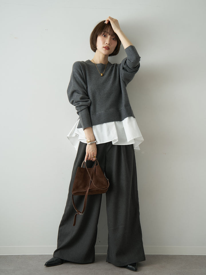 [SET]アシンメトリーシャツレイヤードニットプルオーバー+ダブルタックドレープストレートワイドパンツ(2set)