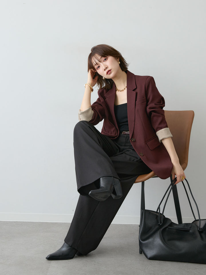 [SET]バイカラーカフステイラードジャケット+カップ付テレコリブベアキャミソール+ツイルタックワイドパンツ(3set)