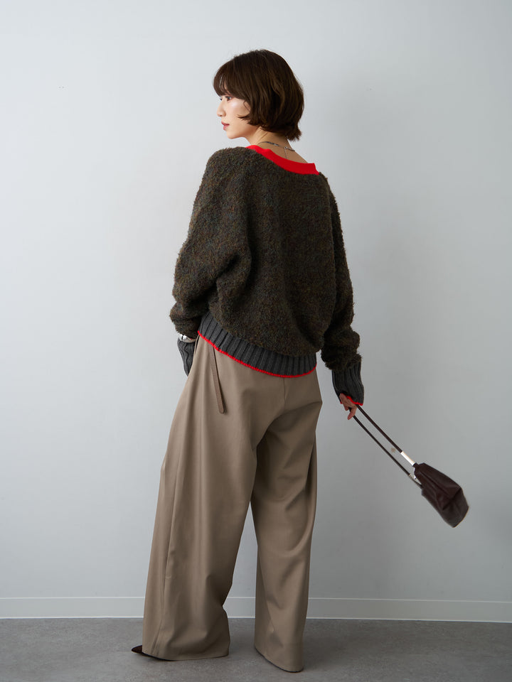 [SET]バイカラーVネックジップニットカーディガン+ツイルタックワイドパンツ(2set)