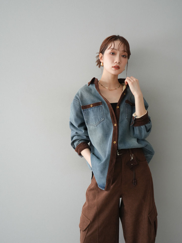 [予約]裏起毛コーデュロイ襟デニムシャツジャケット/ blue