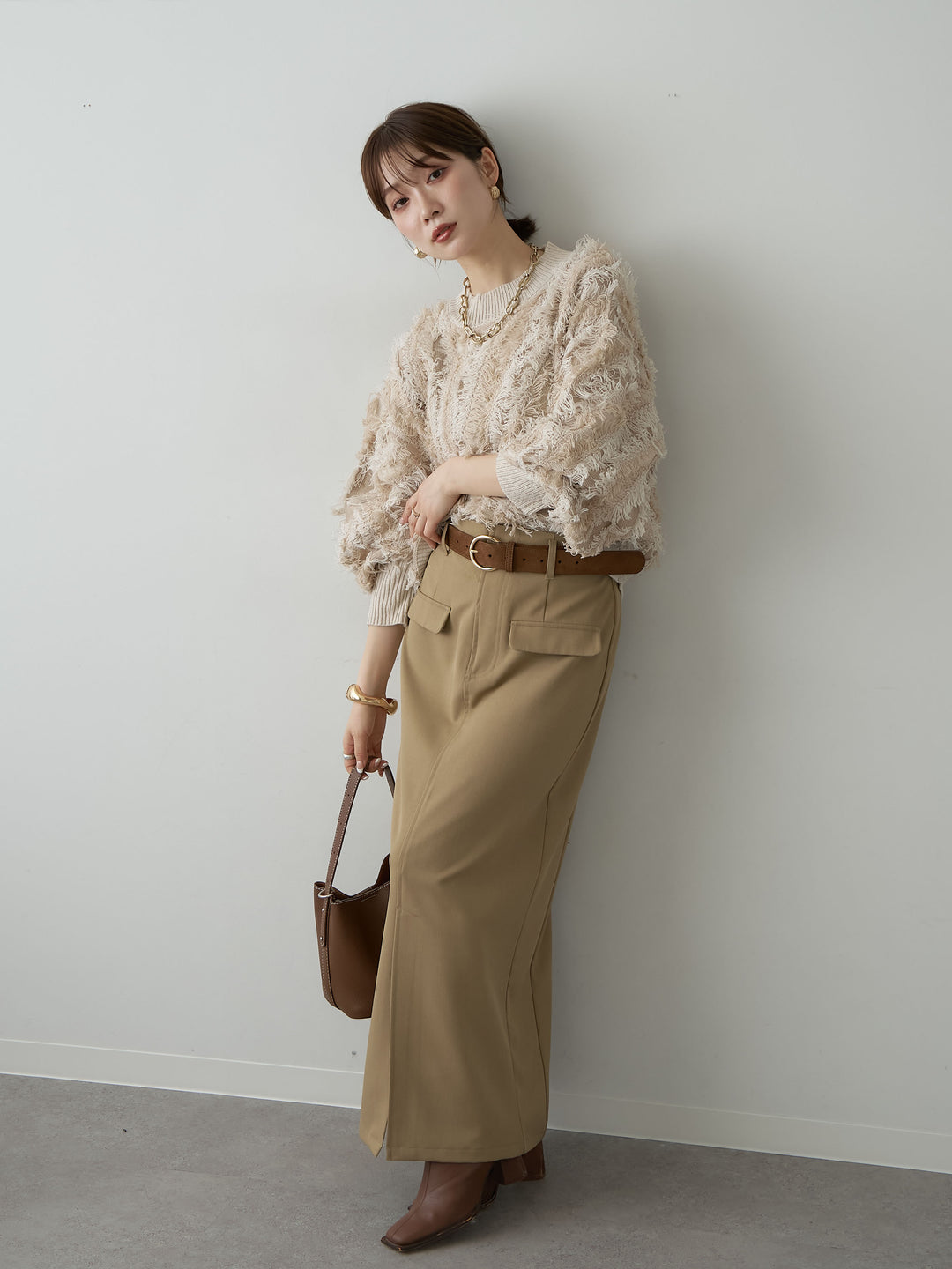 [SET]フリンジジャガードニットプルオーバー+クレープデシンフラップ付きストレートスカート(2set)