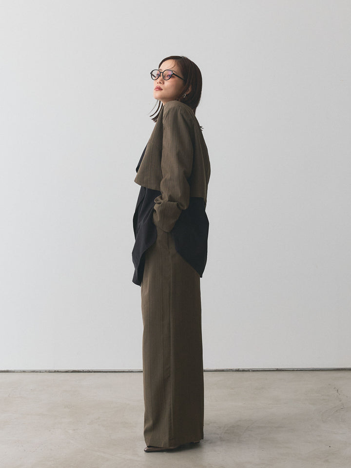 【Allure】[SET]ヘリンボーンショートジャケット＆ワイドパンツSET UP+ピーチスキンデザインネックオーバーシャツ(2set)