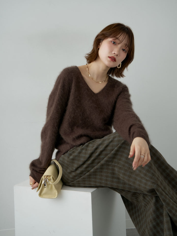 [SET]カシミア混フェザータッチVネックニットトップス+チェックサイドベルトデザインタックパンツ(2set)