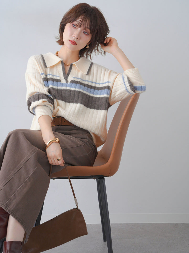 [予約]マルチボーダー起毛スキッパーニットトップス/ivory
