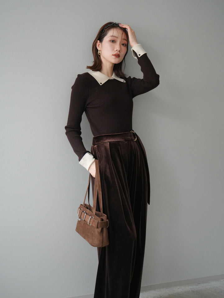 [予約]ニットカフス襟付き配色リブニットトップス/brown