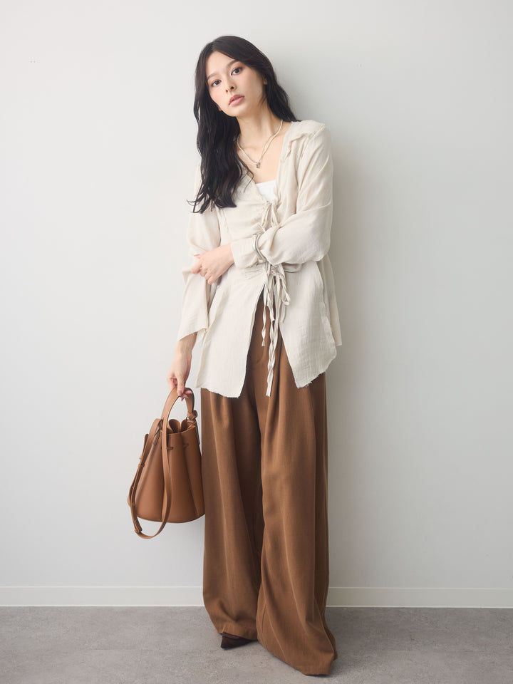 [SET]フロントギャザーリボンブラウス+ツータックドレープストレートパンツ(2set)