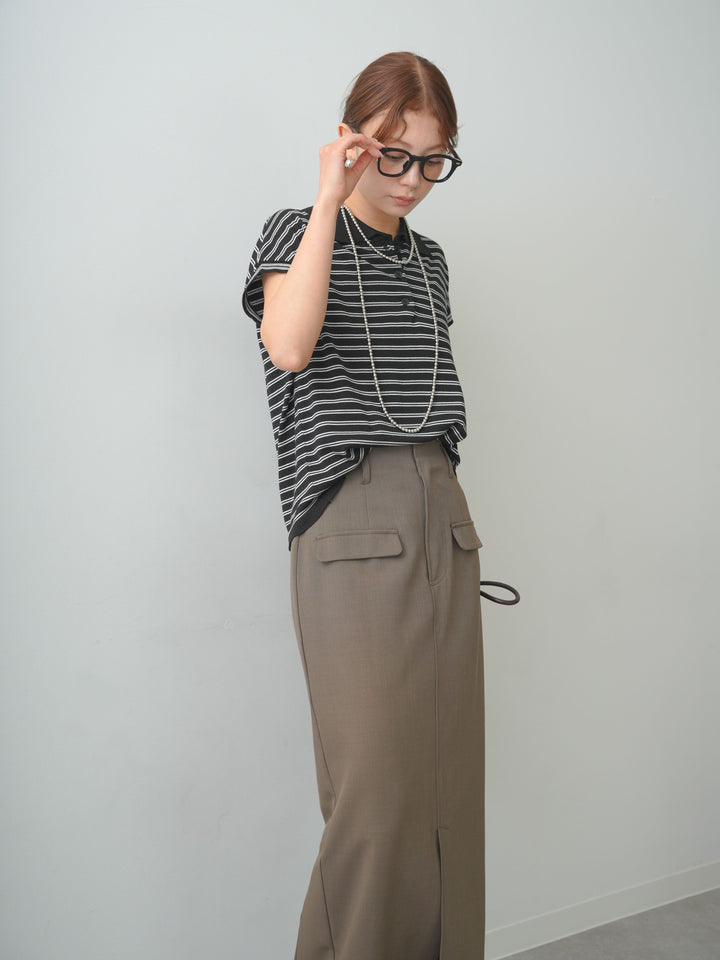 [SET]ポロニットボーダートップス+クレープデシンフラップ付きストレートスカート(2set)