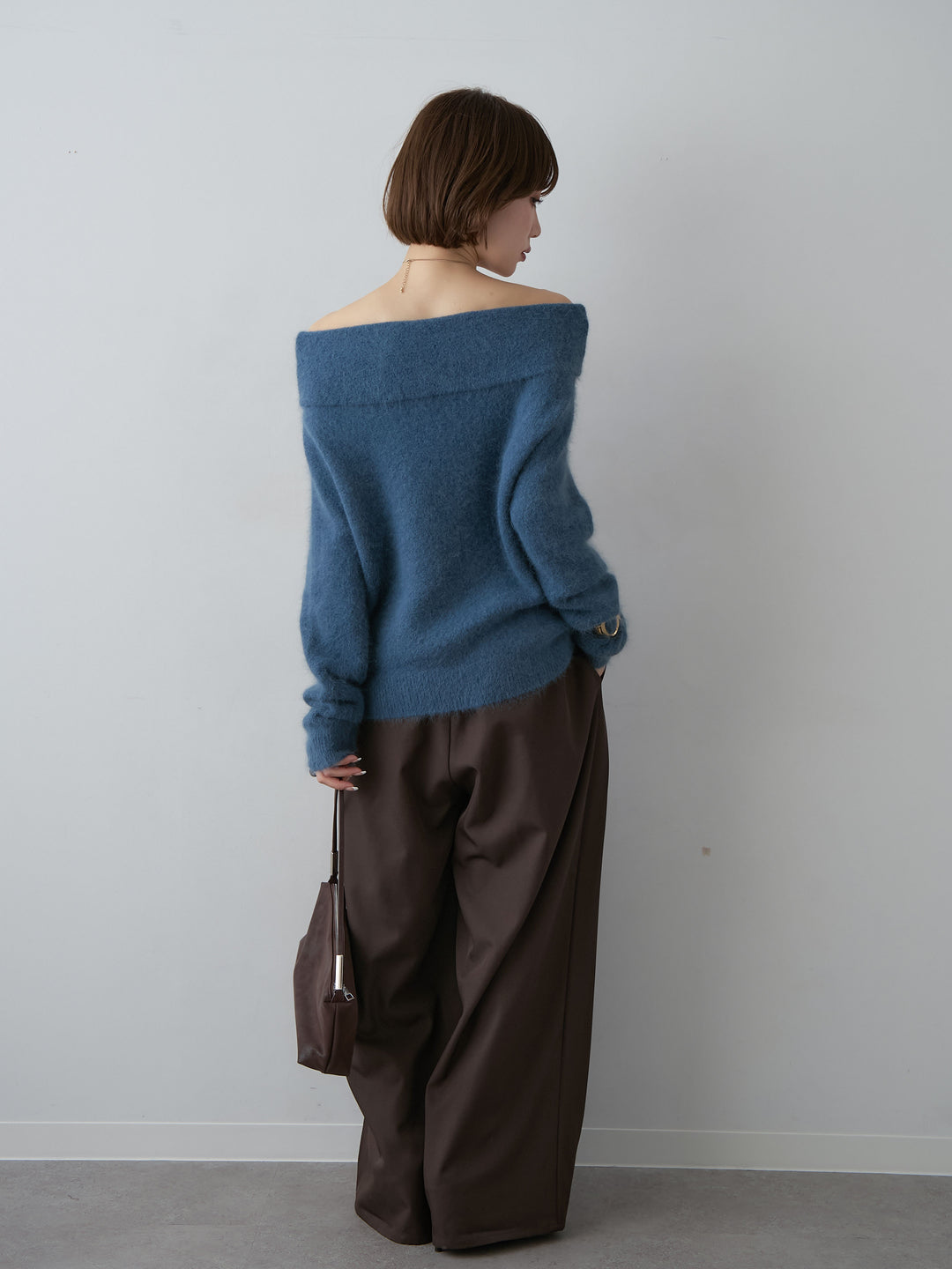 [SET]オフショルソフトシャギーニットトップス+ツイルタックワイドパンツ(2set)