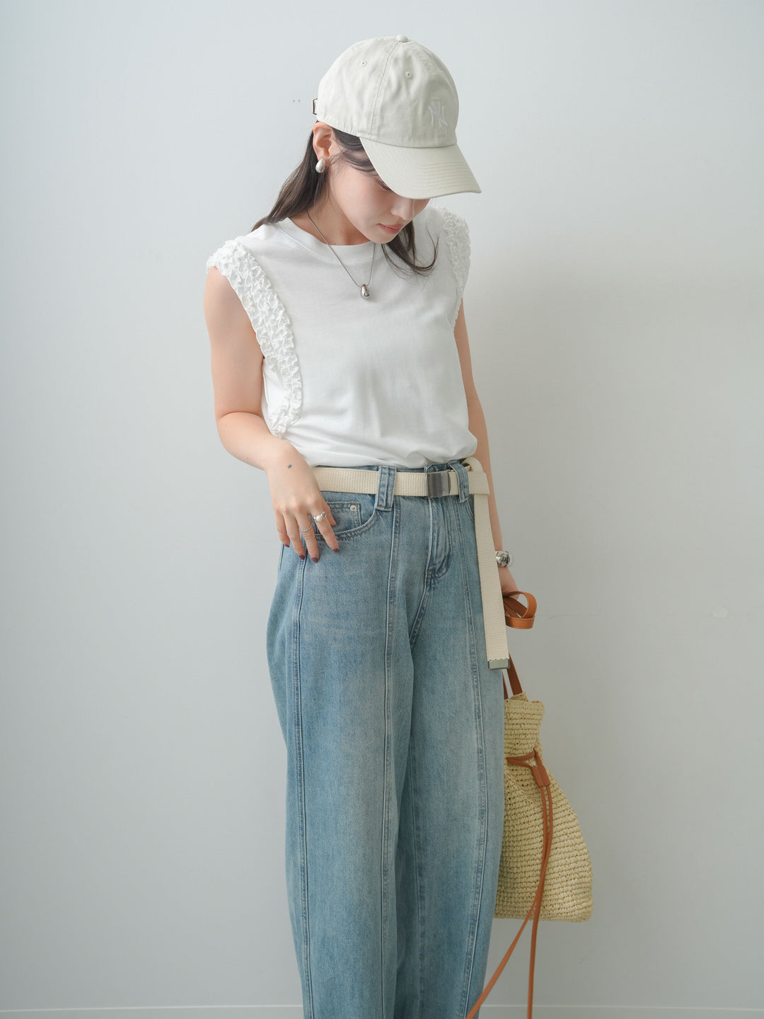 [SET]ホイップフリルフレンチTEE+センターラインワイドストレートデニム(2set)