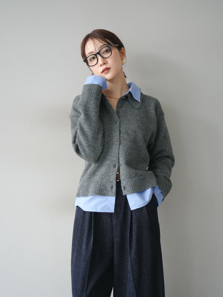 [予約]シャツレイヤードデザインコンパクトニットカーディガン/charcoal
