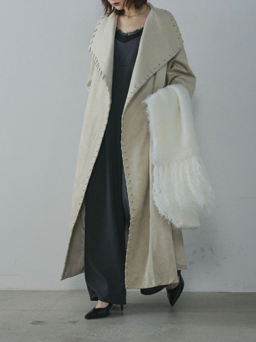 【Allure】[SET]レースキャミオールインワン+スウェードハンドステッチロングコート(2set)