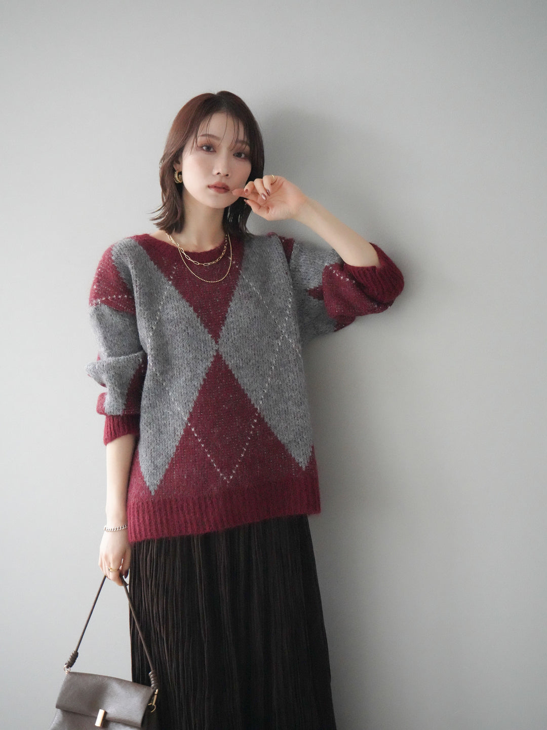 [SET]アーガイルオーバーニットプルオーバー+スエードワッシャープリーツスカート(2set)