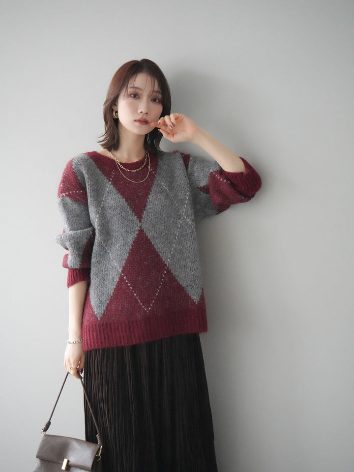 [SET]アーガイルオーバーニットプルオーバー+スエードワッシャープリーツスカート(2set)