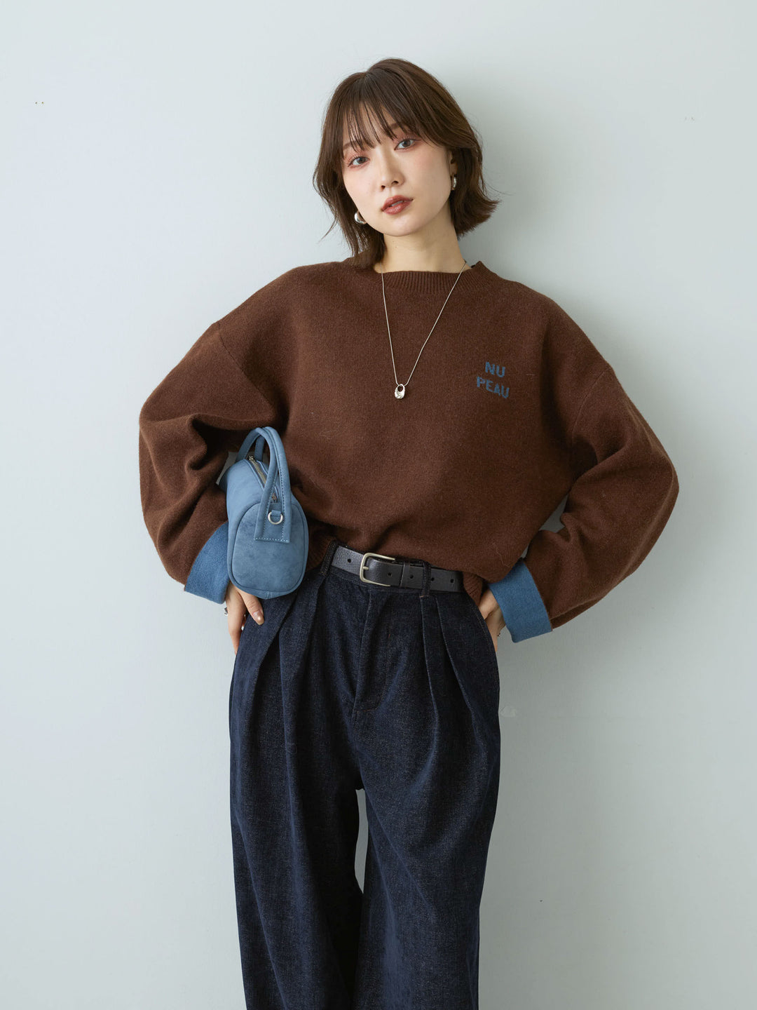 [予約]アルパカタッチバイカラーニットトップス/brown