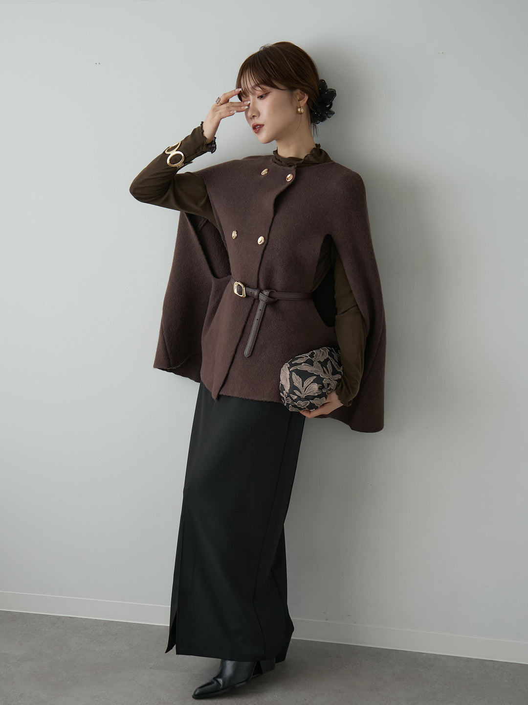 [SET]ゴールドボタンニットケープコート+クレープデシンフラップ付きストレートスカート(2set)