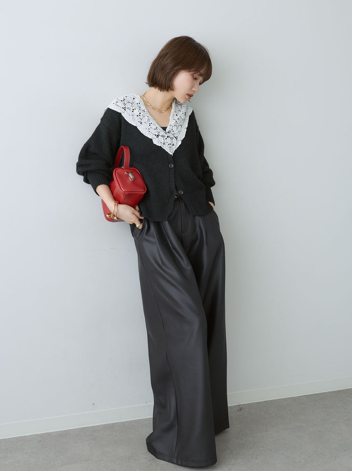 [SET]モヘアレースショールカラーカーディガン+サテンタックワイドパンツ(2set)