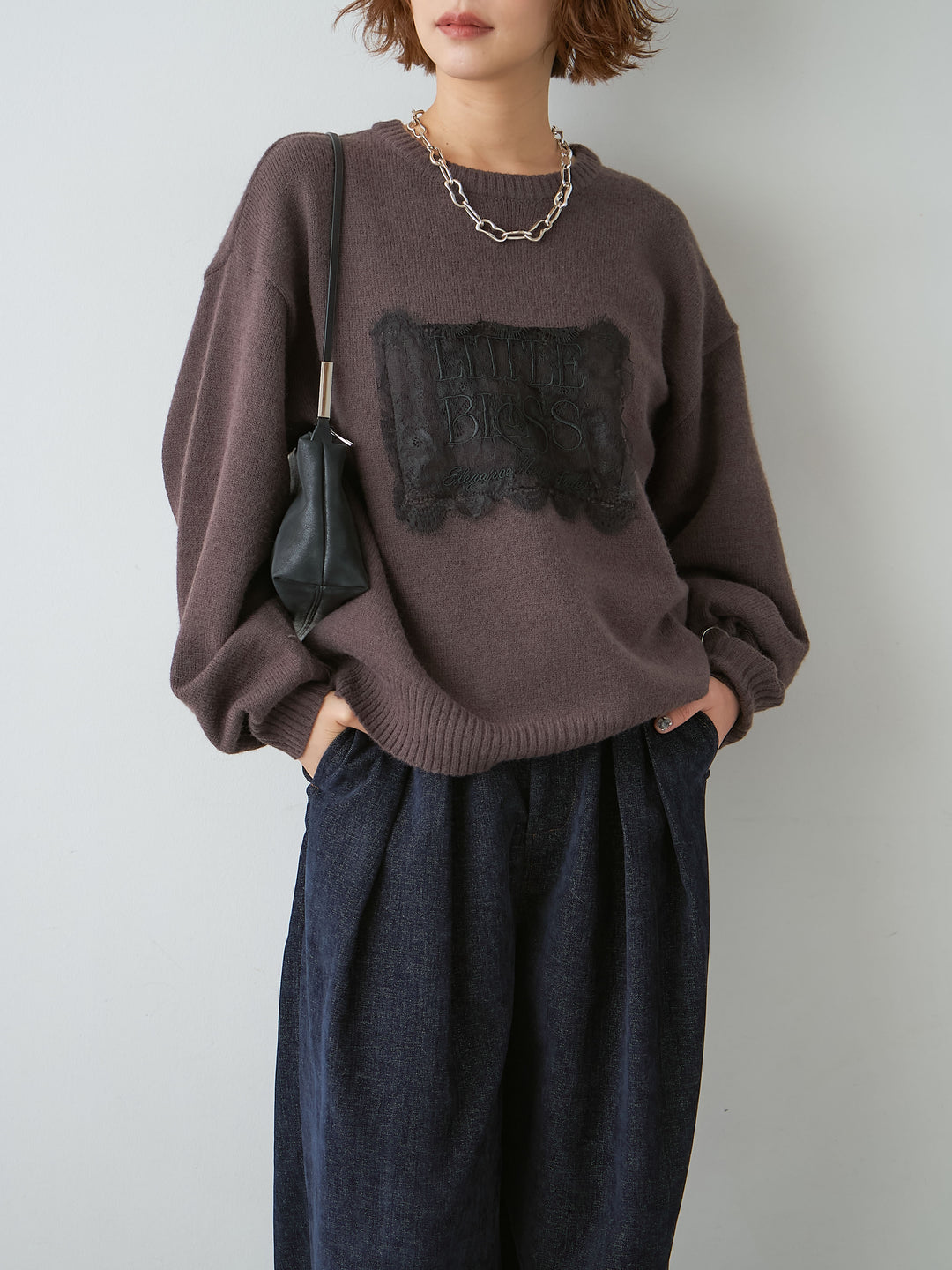 [SET]アルパカタッチ刺繍レースロゴニットプルオーバー+選べるアクセセット(2set)