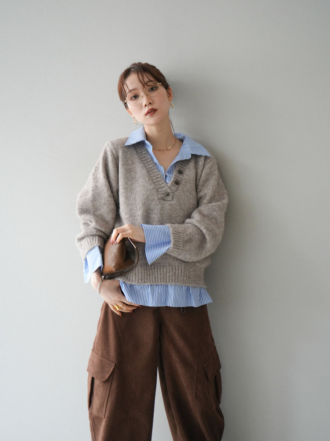 [予約]ストライプシャツドッキングMIXヤーンニットプルオーバー/beige