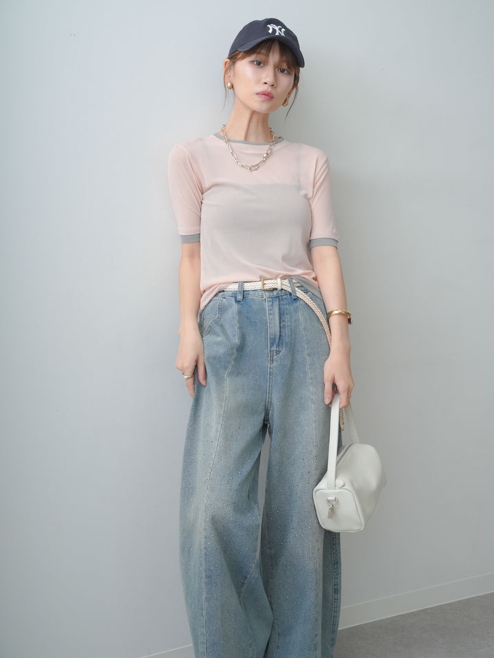[SET]トリムレイヤードシアー半袖トップス+フロントビジューカーブデニムパンツ(2set)
