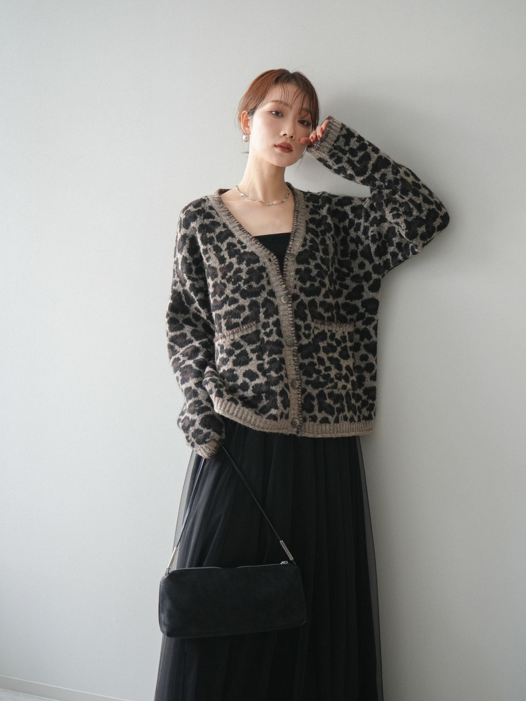 [予約]アニマル柄ステッチニットカーディガン/brown