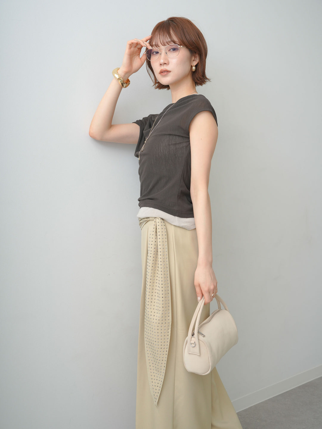 [予約]レイヤードドッキングシアーニットトップス/brown