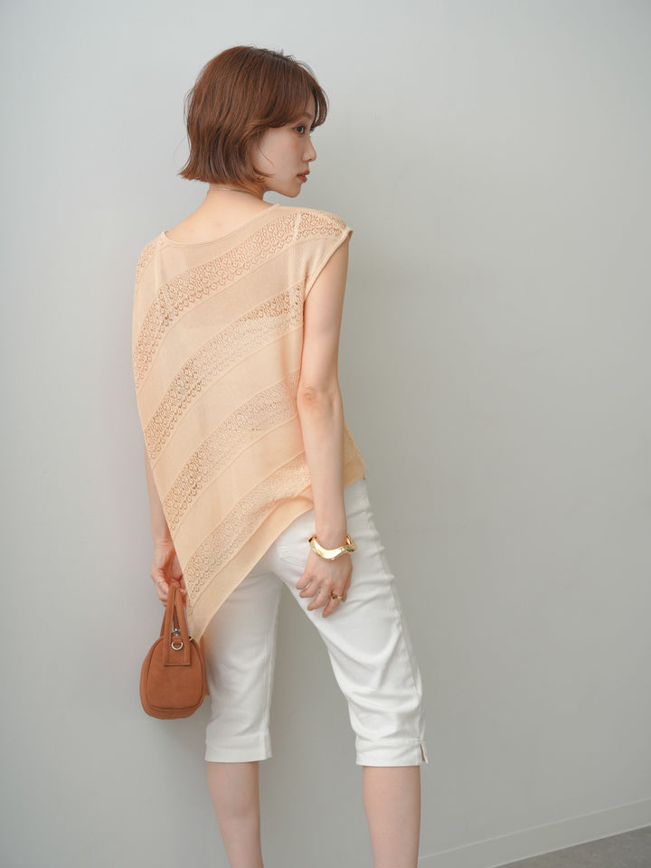 [予約]透かし編みアシメノースリトップス/beige