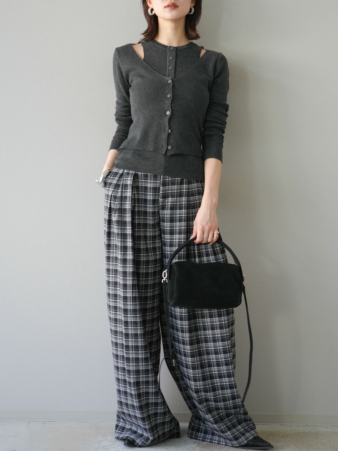 [予約]レイヤードデザインニットカーディガン/チャコール