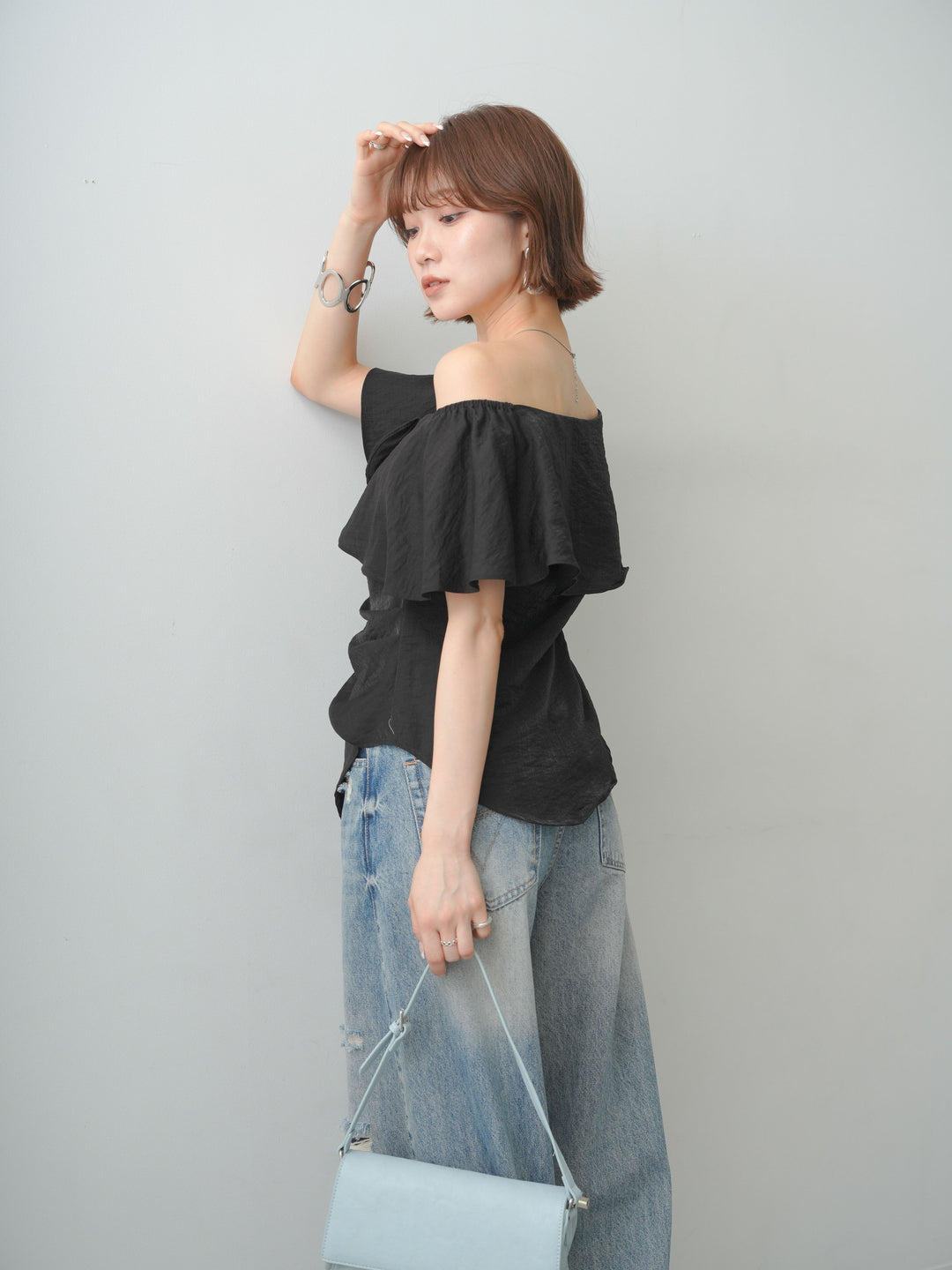 【套裝】荷葉邊露肩上衣 + 荷葉邊露肩上衣（兩件套）