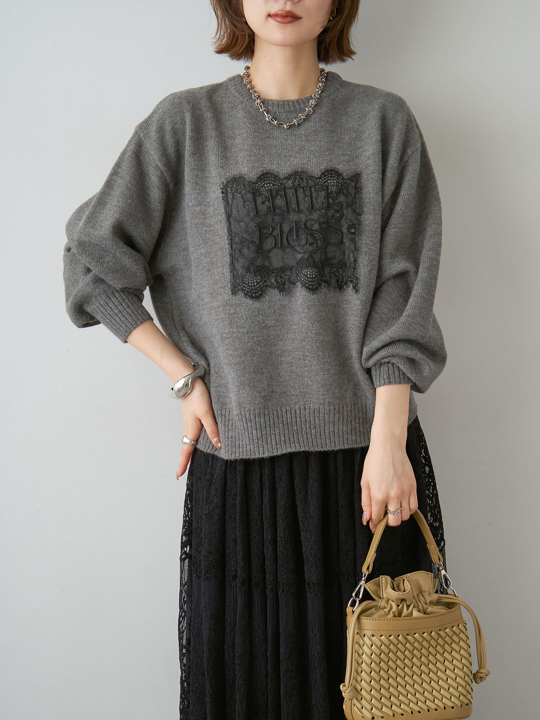 [SET]アルパカタッチ刺繍レースロゴニットプルオーバー+選べるアクセセット(2set)