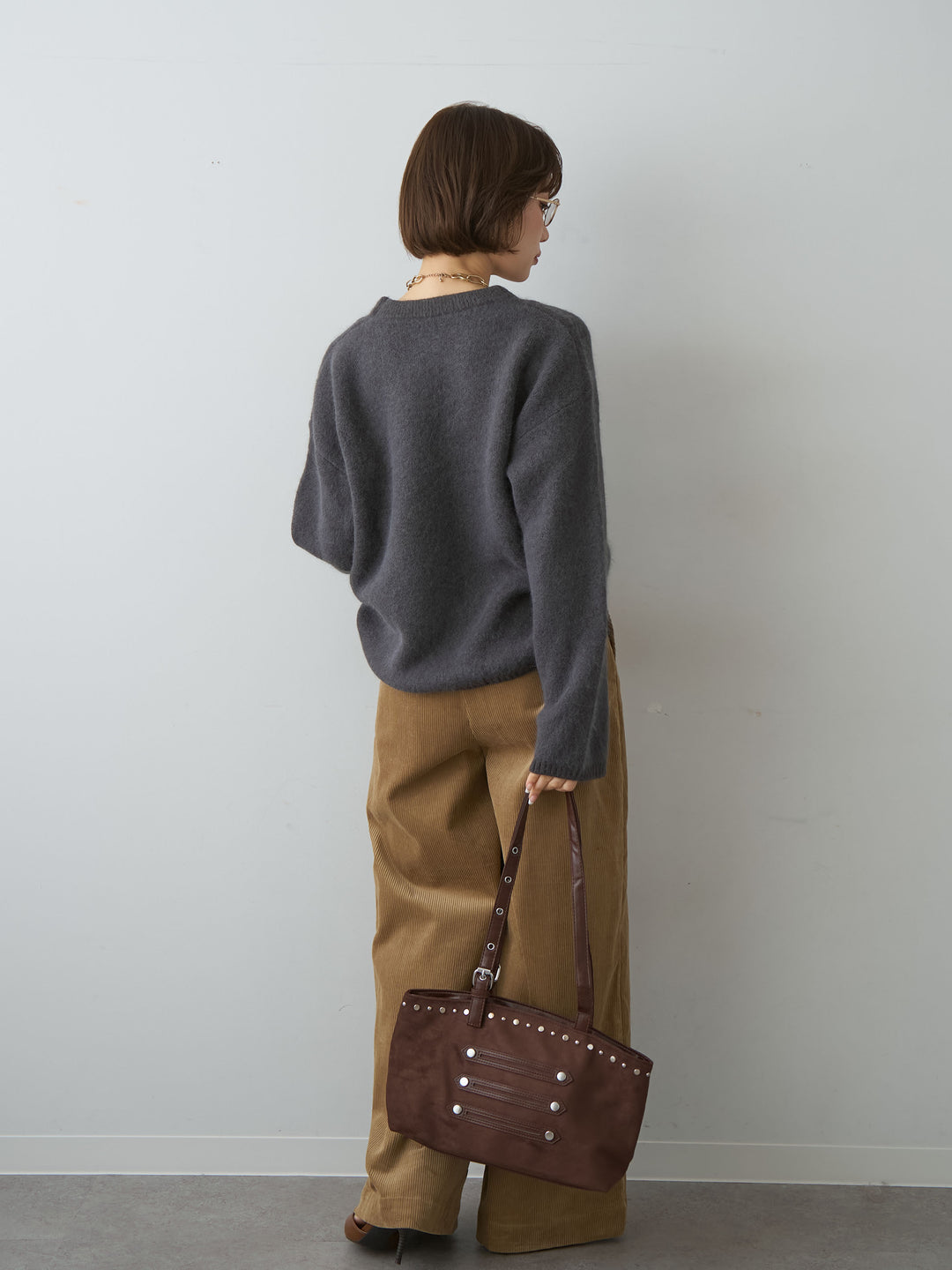 [SET]ソフトシャギークルーネックプルオーバー+ベルト付コーディロイワイドストレートパンツ(2set)