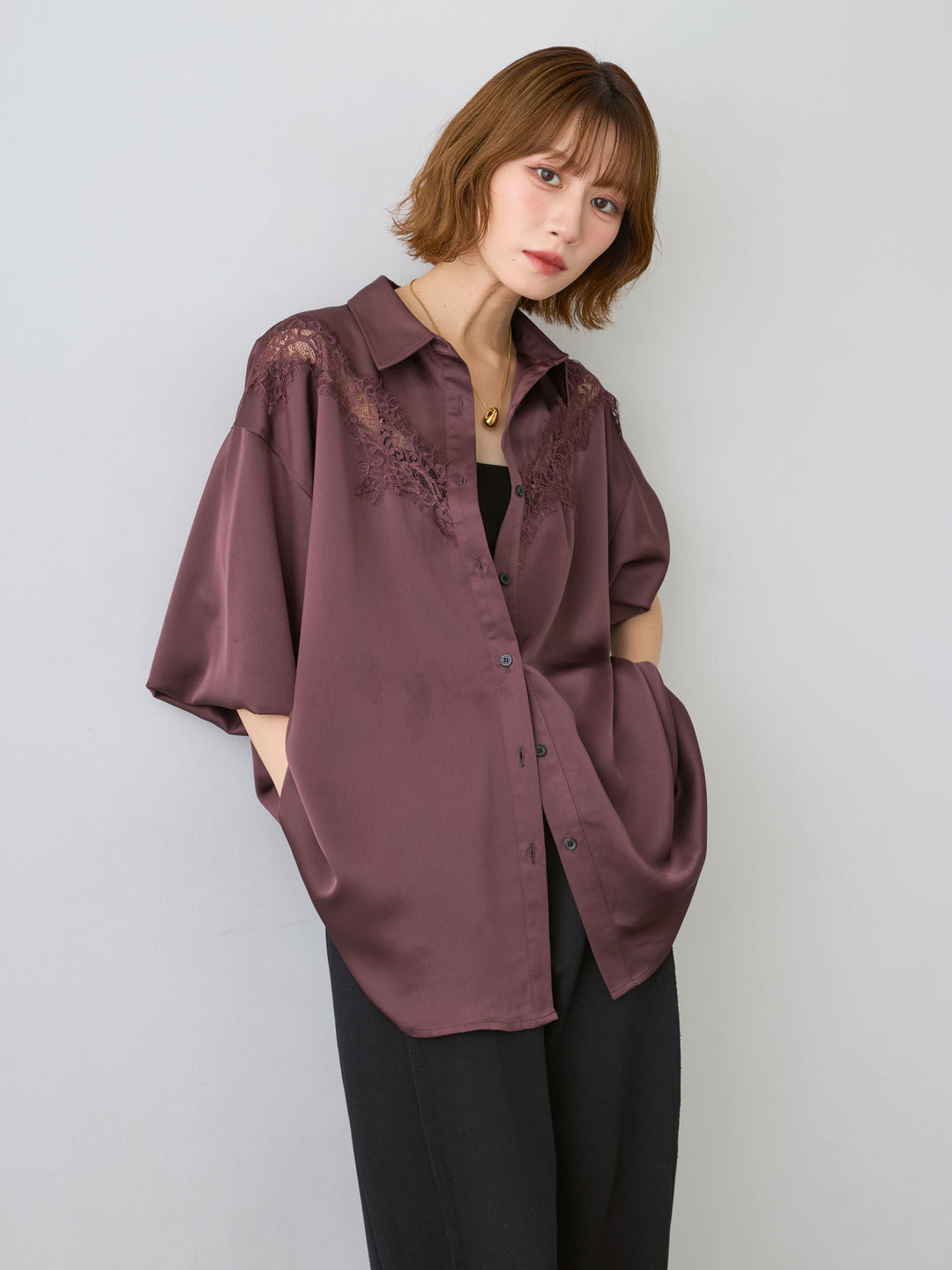 [SET]サテンレース切り替えシャツ+選べるアクセセット(2set)