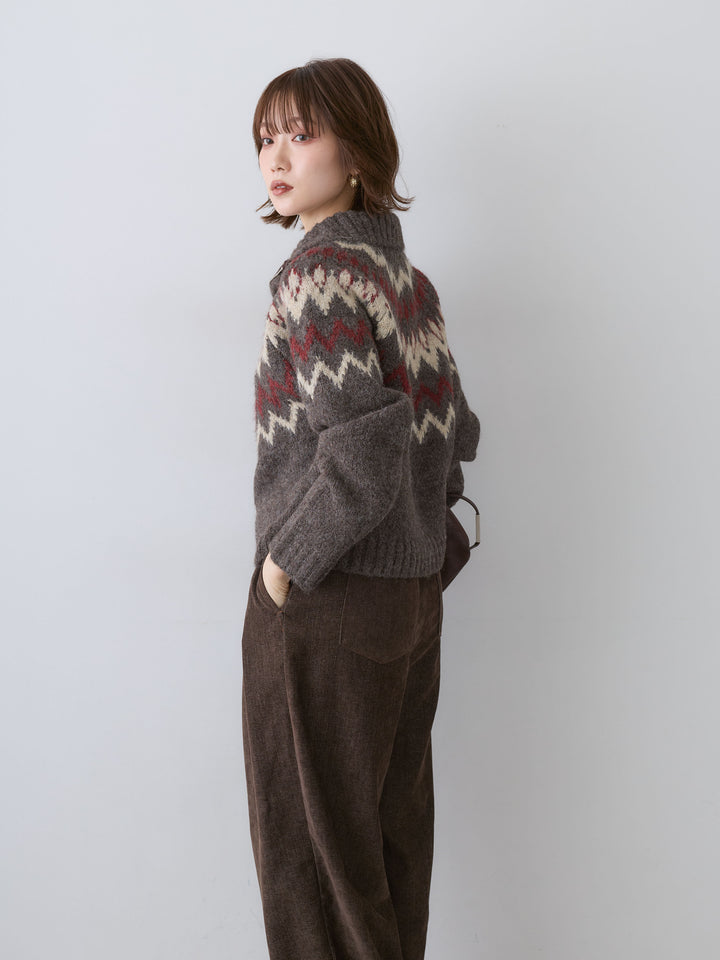 [予約]ノルディックハーフジップニットトップス/brown