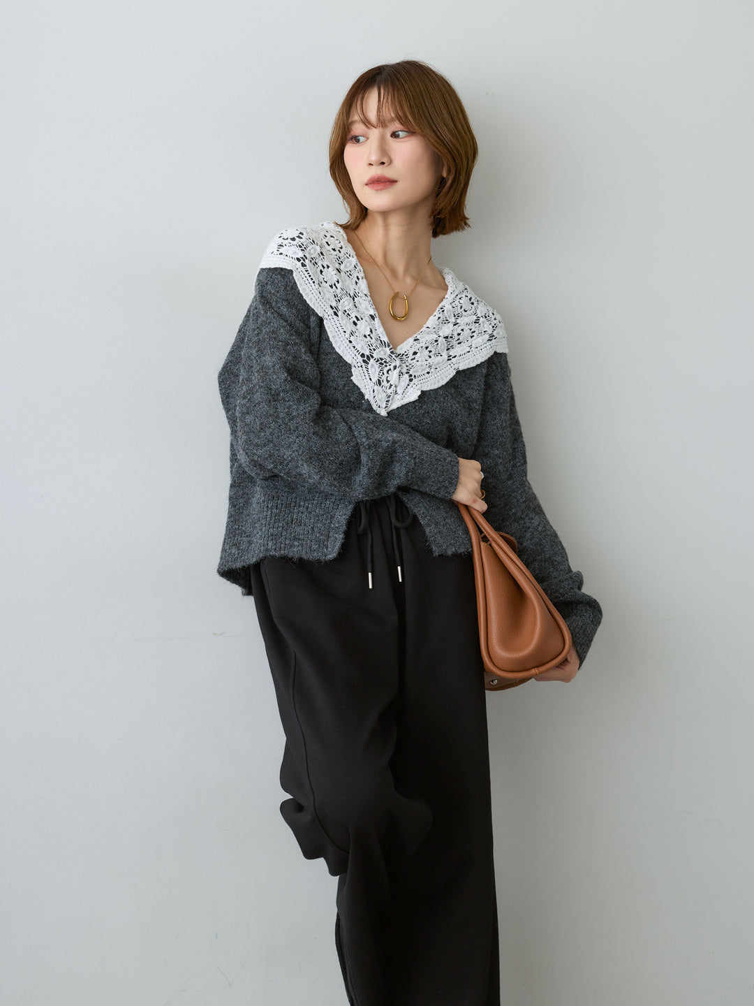 [SET]モヘアレースショールカラーカーディガン+カットオフスウェットワイドパンツ(2set)