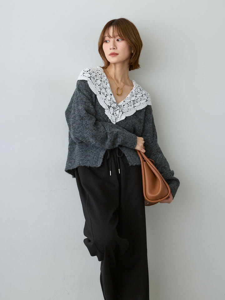 [SET]モヘアレースショールカラーカーディガン+カットオフスウェットワイドパンツ(2set)