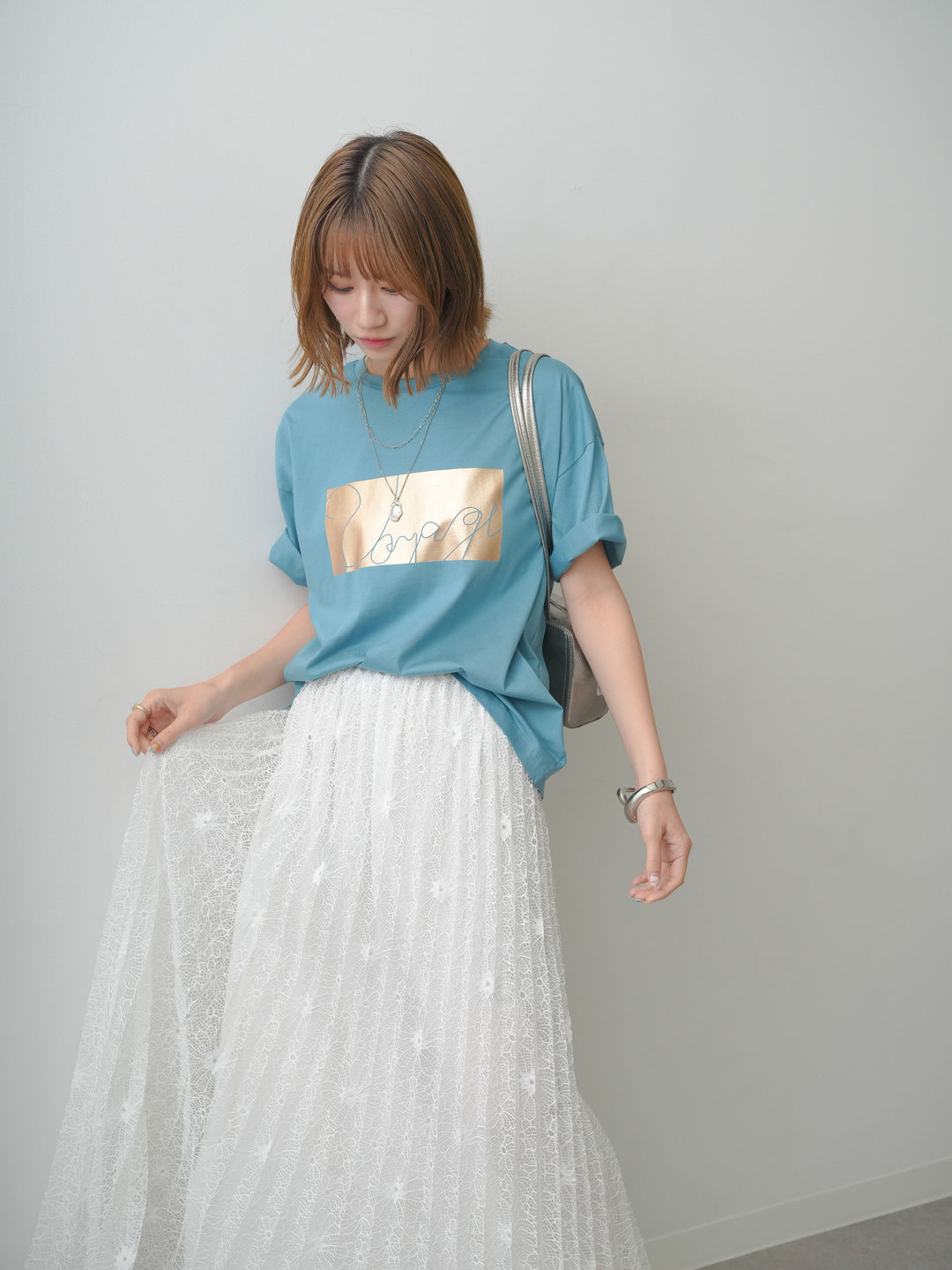 [SET]箔プリントボックスTEE+フローラルレースプリーツスカート(2set)