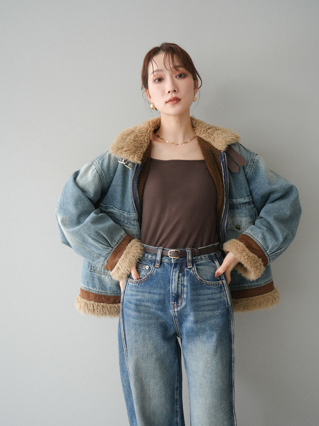 [予約]スタンドカラーファー×デニムジャケット/lightblue