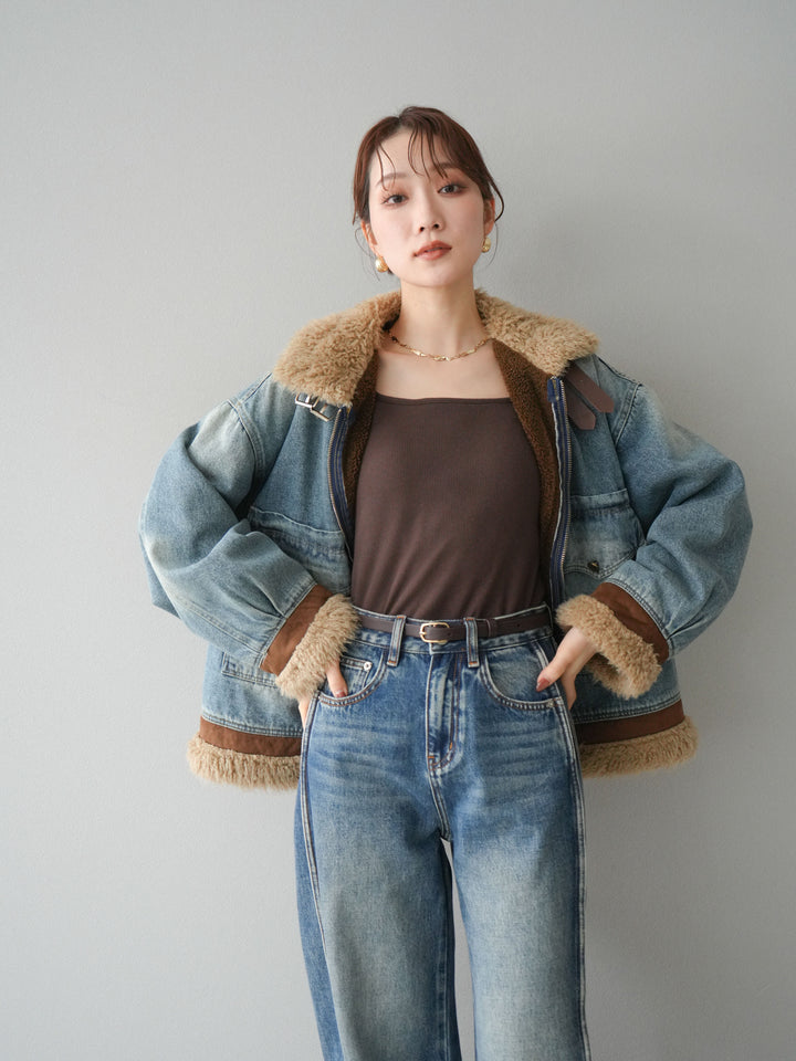 [予約]スタンドカラーファー×デニムジャケット/lightblue
